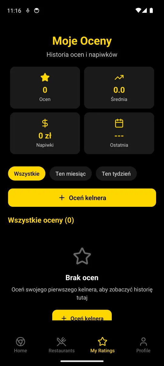 Ekran Moje Oceny: liczba ocen, średnia, suma napiwków i data ostatniej oceny, filtry okresu i przycisk Oceń kelnera