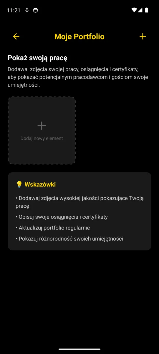 Ekran Moje Portfolio: miejsce na zdjęcia pracy, osiągnięcia i certyfikaty oraz wskazówki, jak prowadzić portfolio