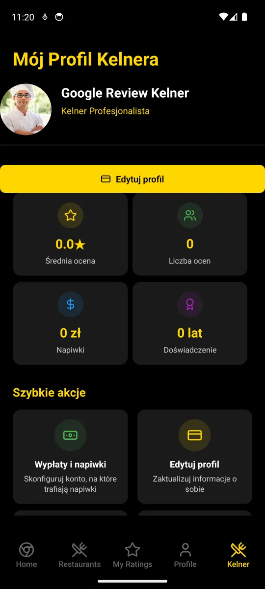 Mój Profil Kelnera: zdjęcie z tytułem Kelner Profesjonalista, średnia ocena, liczba ocen, napiwki, lata doświadczenia i szybkie akcje