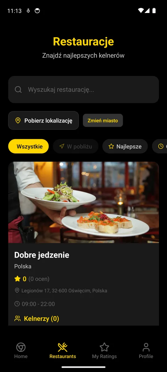 Lista restauracji w Kelner PRO: wyszukiwarka, przyciski lokalizacji i zmiany miasta, filtry oraz karta lokalu z godzinami otwarcia i liczbą kelnerów