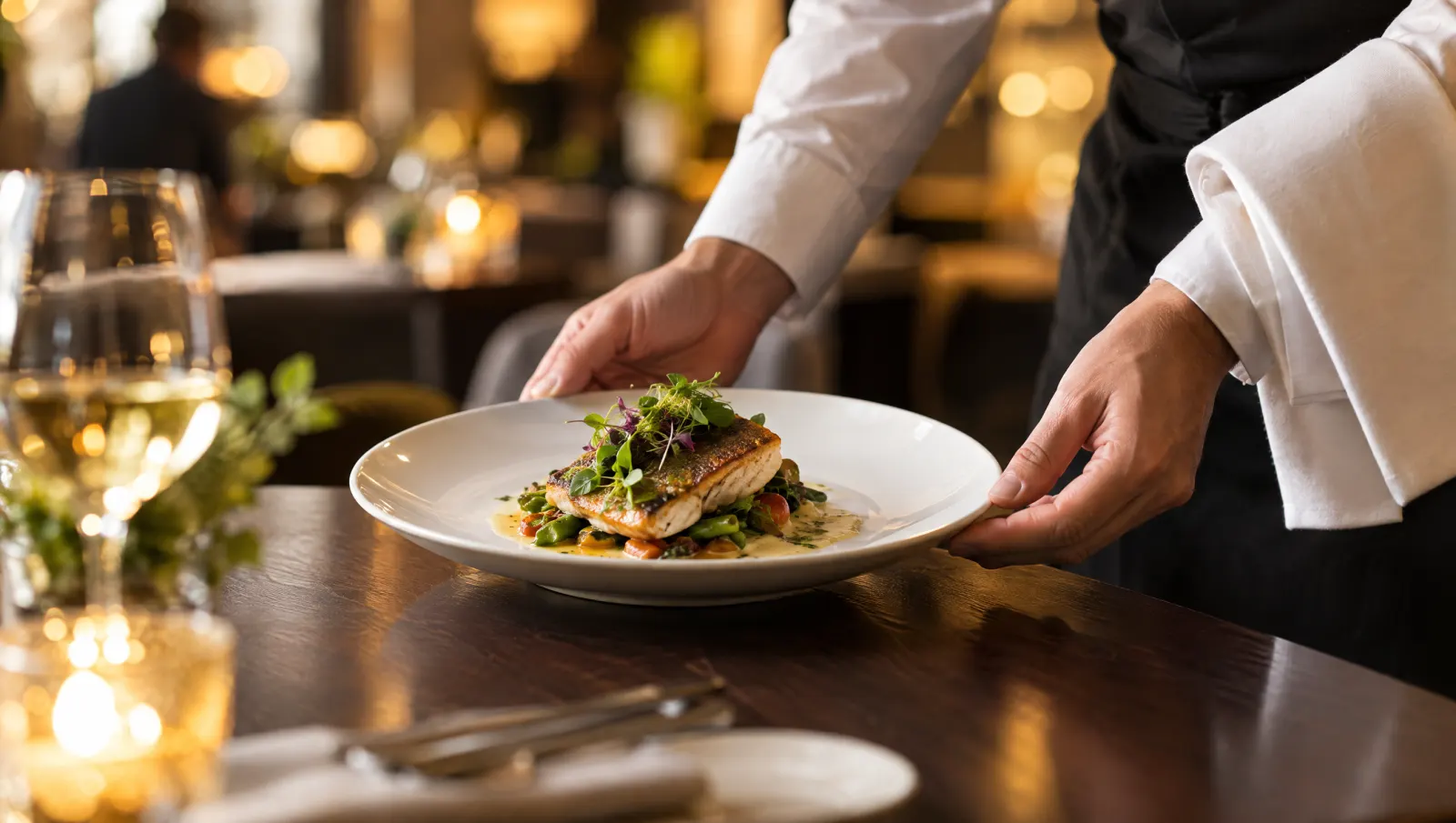 Ręce kelnera podającego elegancko nakryte danie na ciemnym drewnianym stoliku restauracji