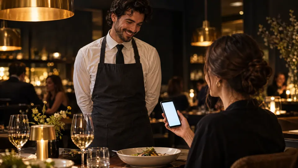 Uśmiechnięty kelner w fartuchu stoi przy stoliku w restauracji, a gość trzyma w dłoni smartfon