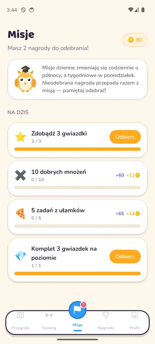 Ekran Misje: misje na dziś z paskami postępu, nagrodami w punktach i monetach oraz przyciskami odbioru nagrody