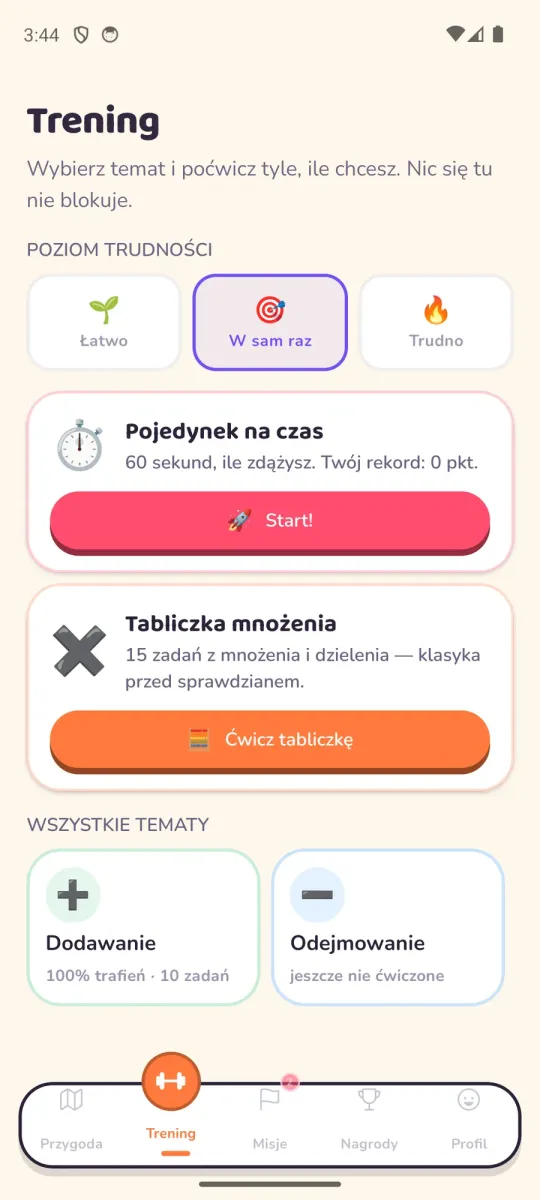 Ekran Trening: wybór poziomu trudności, Pojedynek na czas z rekordem, Tabliczka mnożenia i lista wszystkich tematów