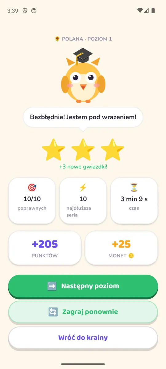 Wynik poziomu: sowa z komentarzem, trzy zdobyte gwiazdki, liczba poprawnych odpowiedzi, najdłuższa seria, czas, punkty i monety
