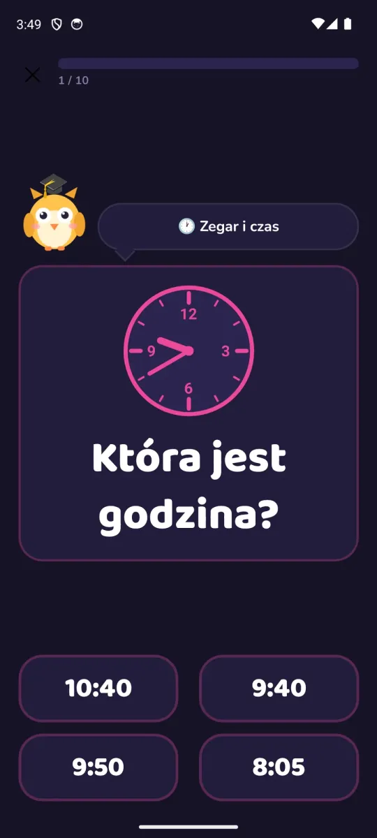 Zadanie z zegara w trybie ciemnym: tarcza zegara, pytanie „Która jest godzina?” i cztery godziny do wyboru