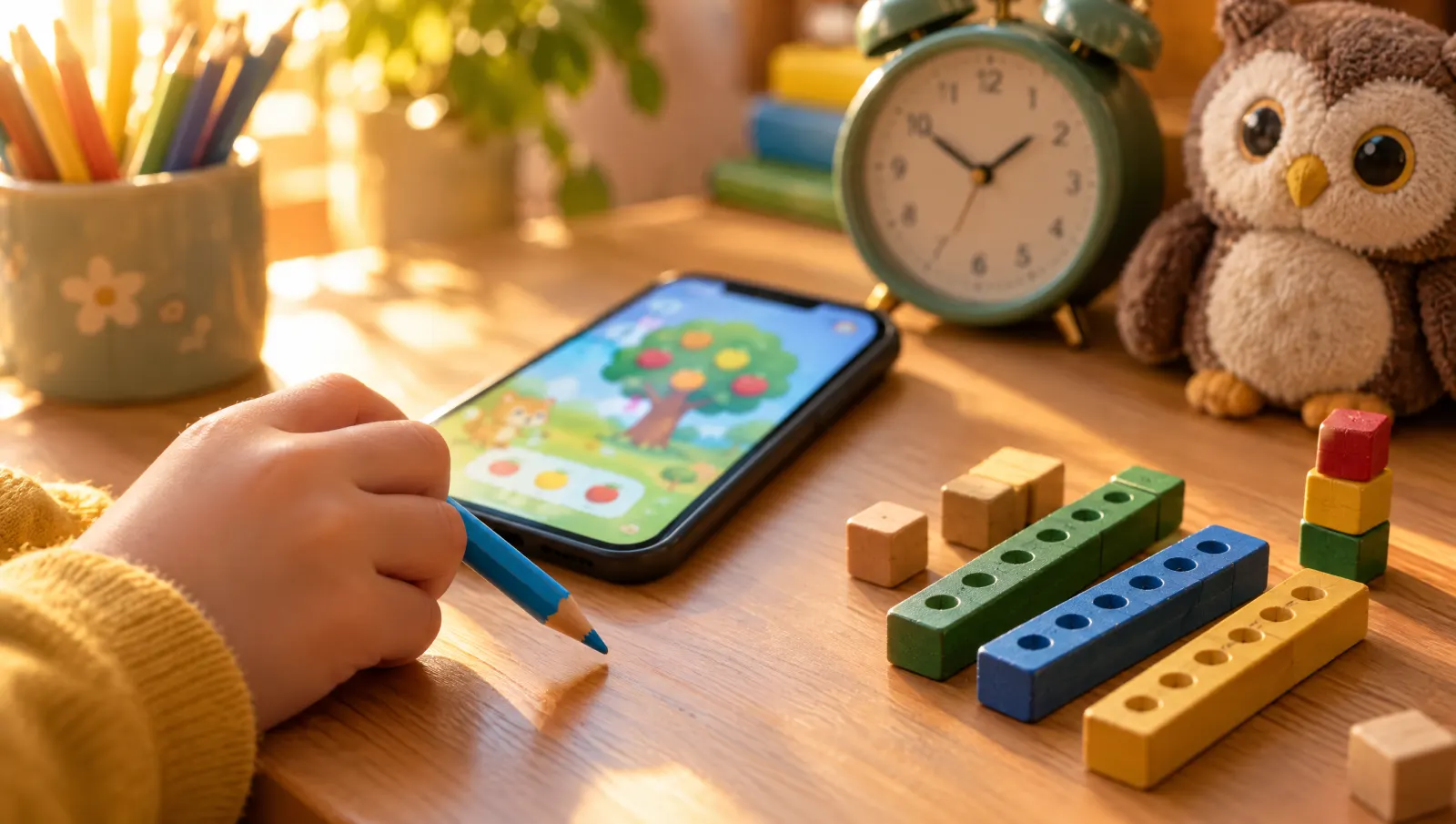 Dłoń dziecka z kredką obok smartfona z kolorową grą edukacyjną, drewniane klocki do liczenia, budzik i pluszowa sowa na biurku