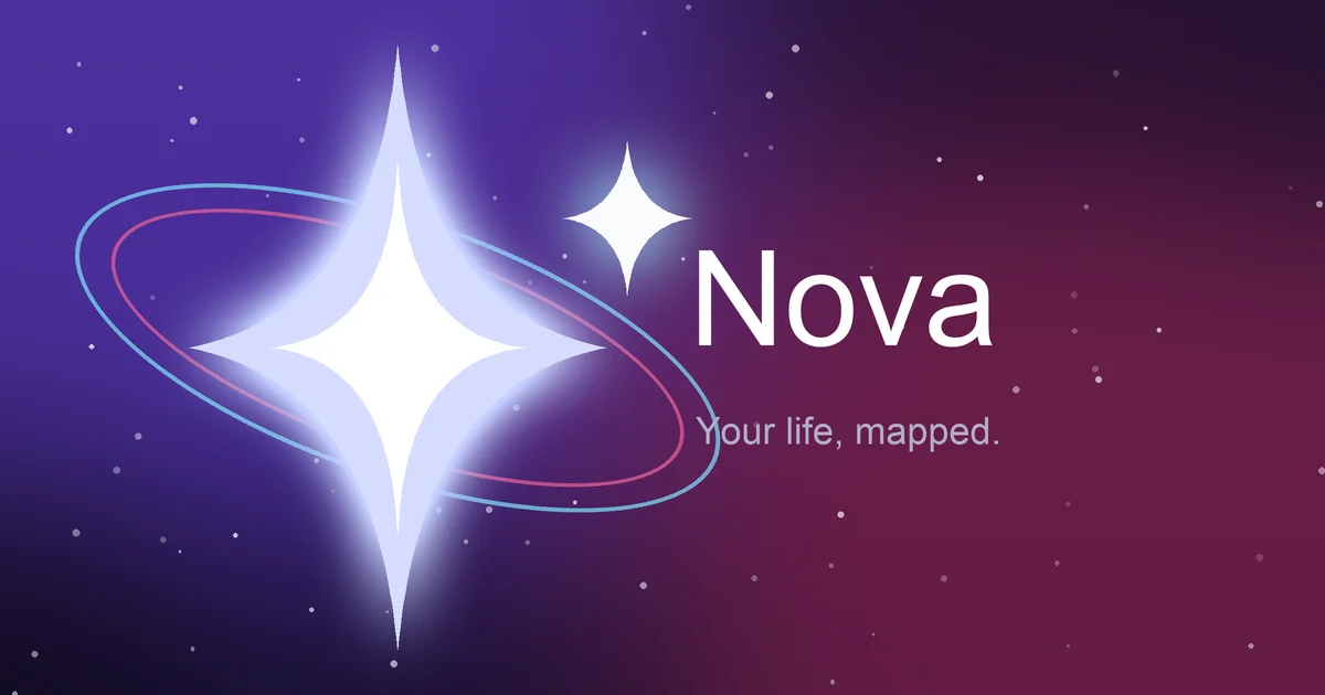 Grafika promocyjna Novy: świecąca gwiazda na fioletowym tle i hasło „Your life, mapped.”