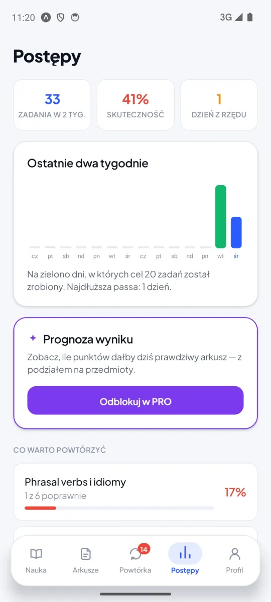 Ekran Postępy: zadania z dwóch tygodni, skuteczność i passa, wykres dni nauki i dział do powtórzenia