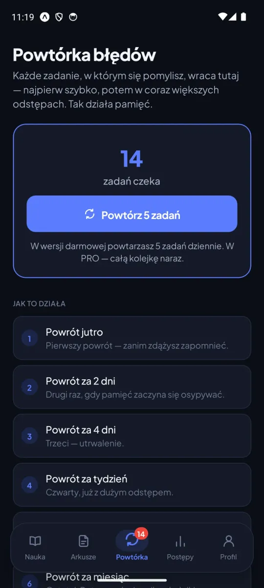 Powtórka błędów w trybie ciemnym: 14 zadań czeka, przycisk powtórki pięciu zadań i rozpisane kolejne powroty